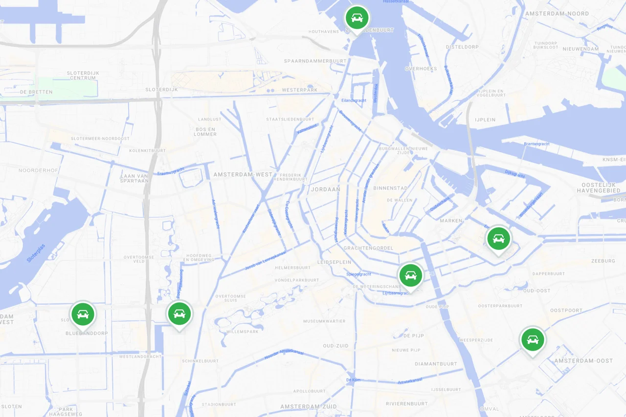 Locaties MyWheels busjes op kaart van Amsterdam