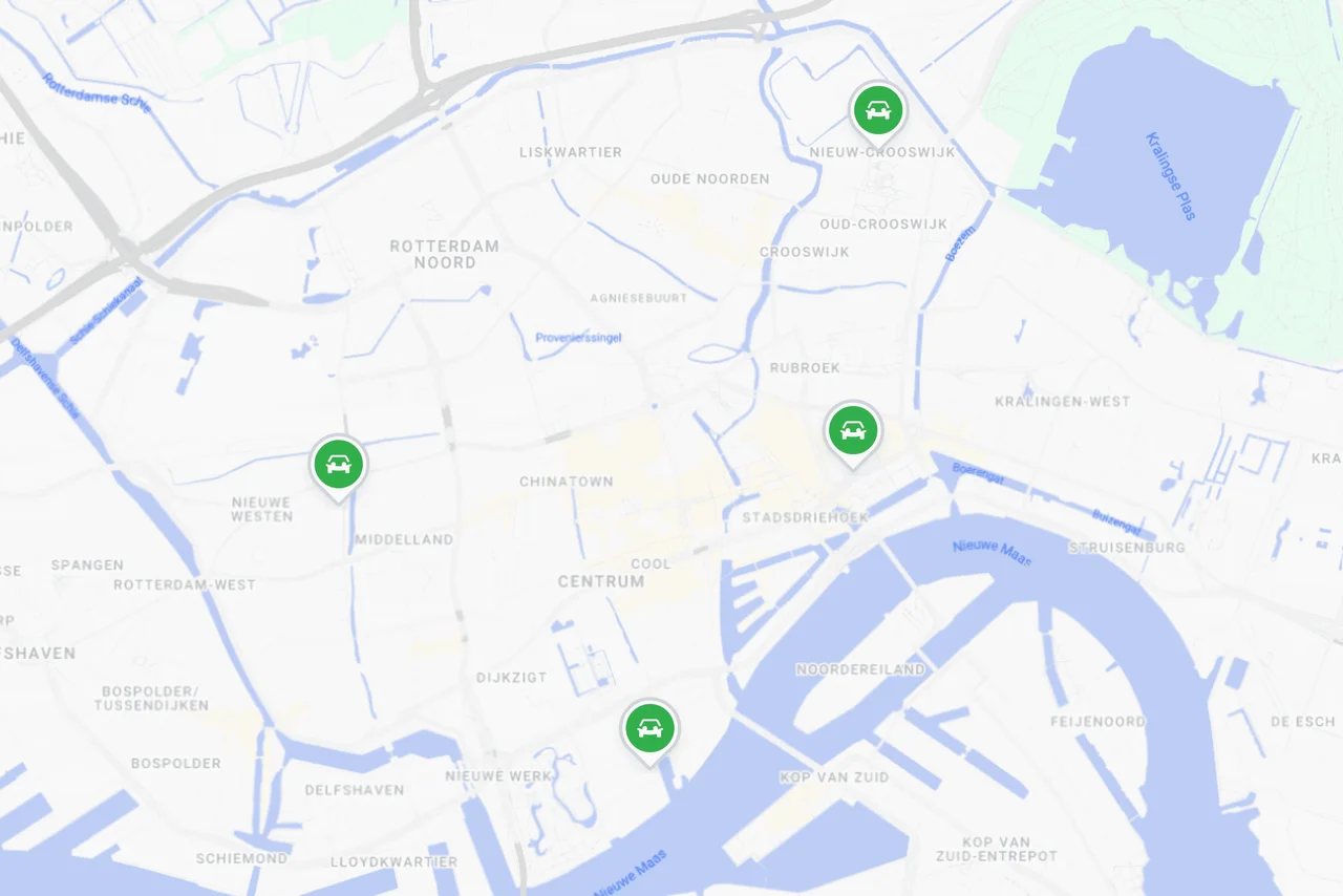 Locaties MyWheels busjes op kaart van Rotterdam