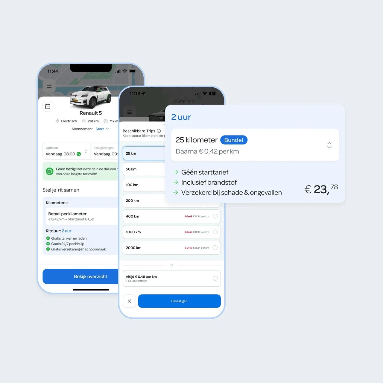 Screenshot van de MyWheels app met kilometerbundels